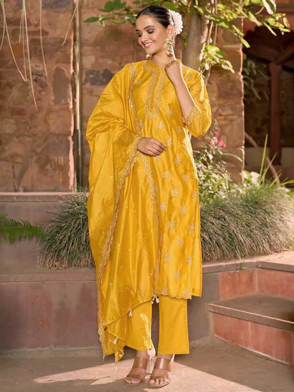 Jashvi Art Mustard Embroidered Chanderi Silk Straight Suit With Dupatta