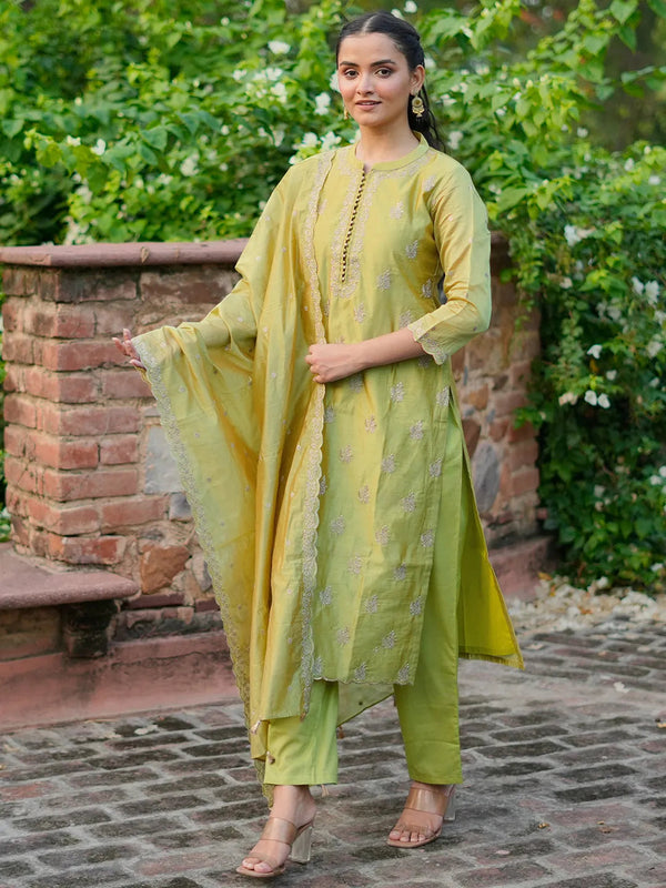 Jashvi Art Green Embroidered Chanderi Silk Straight Suit With Dupatta