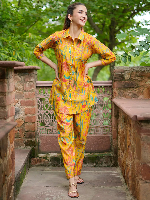 Yellow Printed Silk Blend Co-Ords