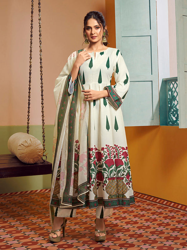 Jashvi Jennifer Winget Off White Floral Printed Anarkali Flared Kurta with Palazzos Dupatta.