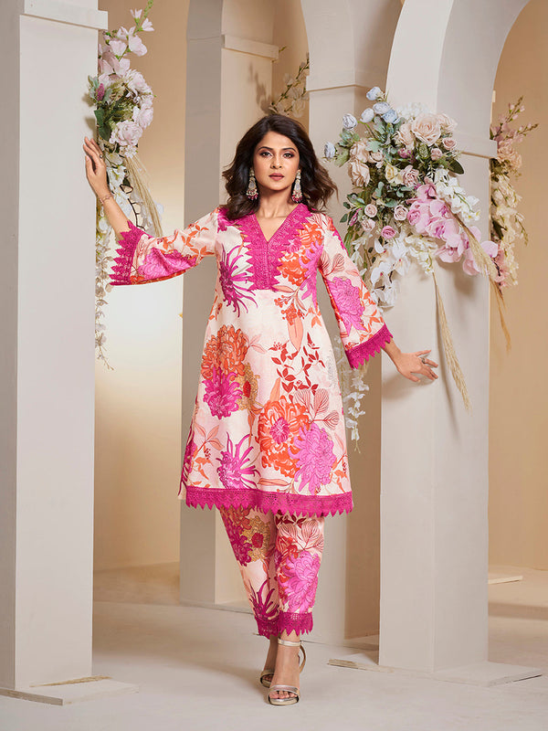 Jashvi Jennifer Winget Off White Pink Multi Colour Floral Printed Kurta set.