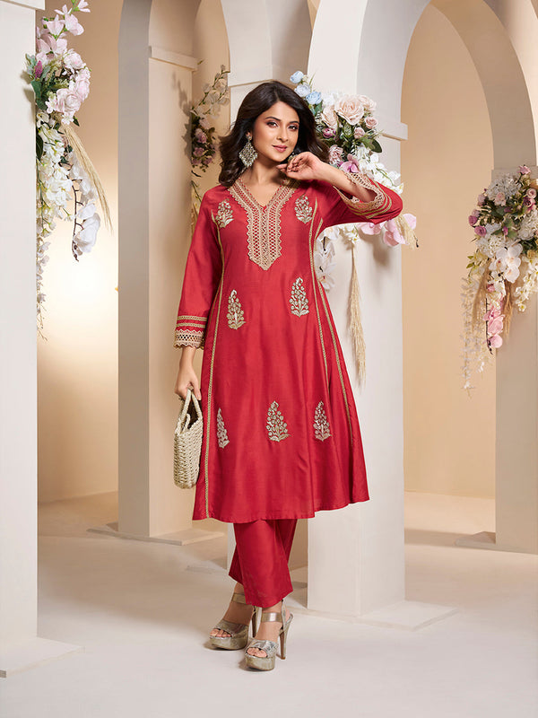 Jashvi Jennifer Winget Red colour Embroiderd Anarkali Flared Kurta with Palazzos.