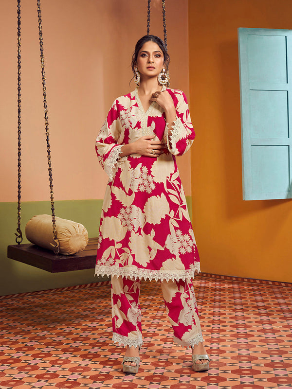 Jashvi Jennifer Winget Pink & Beige Colour Floral Printed Kurta set