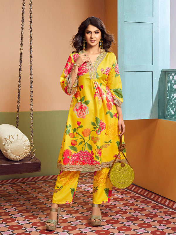 Jashvi Jennifer Winget Yellow Multi Colour Floral Printed Kurta set