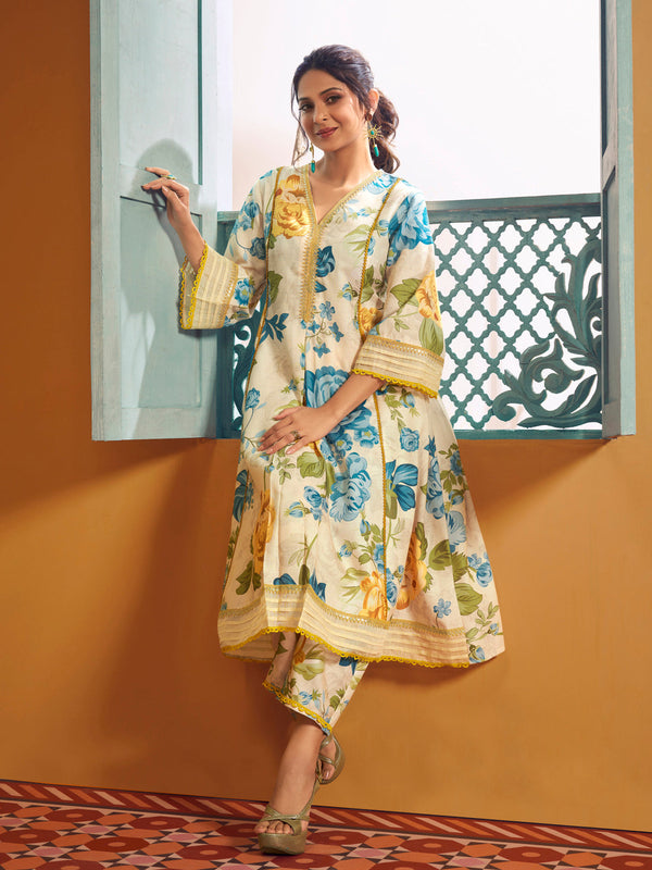 Jashvi Jennifer Winget Beige Multi Blue Yellow Floral Printed Kurta set