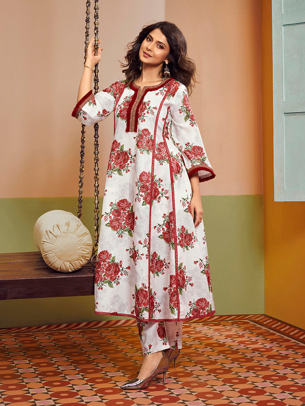 Jashvi Jennifer Winget Off White & Red Colour Floral Printed Kurta set