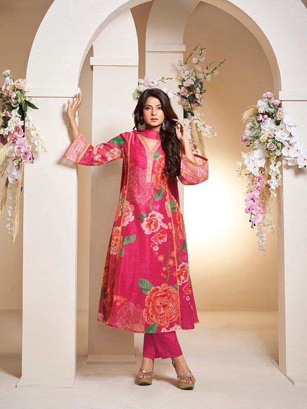 Jashvi Jennifer Winget Pink Colour Floral Printed Flared Anarkali Kurta with Palazzos Dupatta.