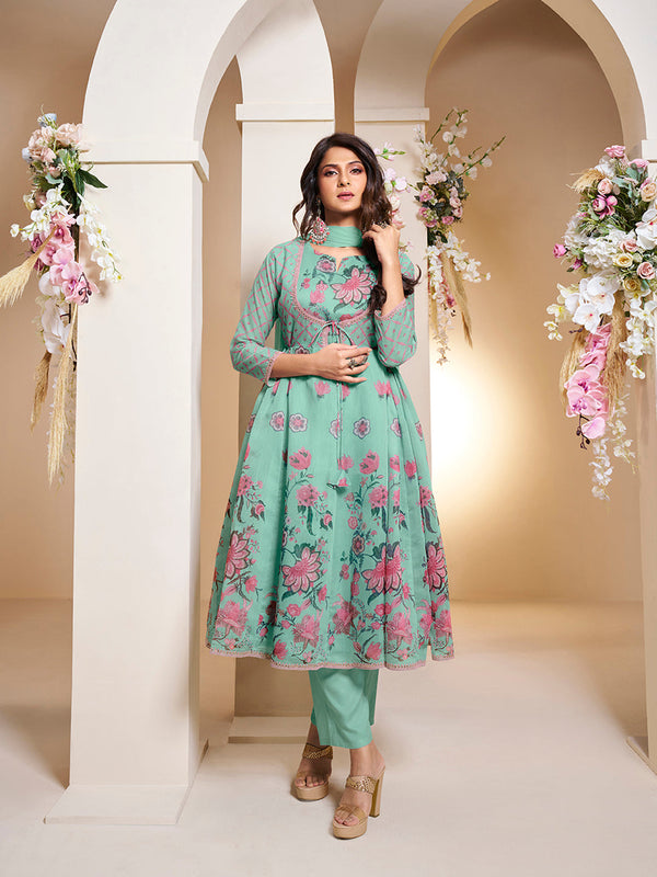 Jashvi Jennifer Winget Sea Green Floral Digital Printed Anarkali Flared Kurta with Palazzos Dupatta.