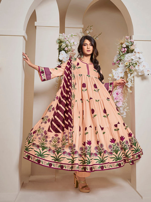 Jashvi Jennifer Winget Peach Floral Printed Flared Tier Anarkali Kurta with Palazzos Dupatta.