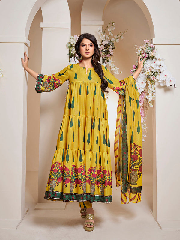 Jashvi Jennifer Winget Yellow Leaf Floral Printed Anarkali Flared Kurta with Palazzos Dupatta.