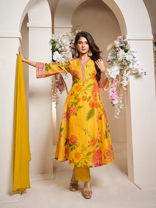 Jashvi Jennifer Winget Yellow Colour Floral Printed Flared Anarkali Kurta with Palazzos Dupatta.