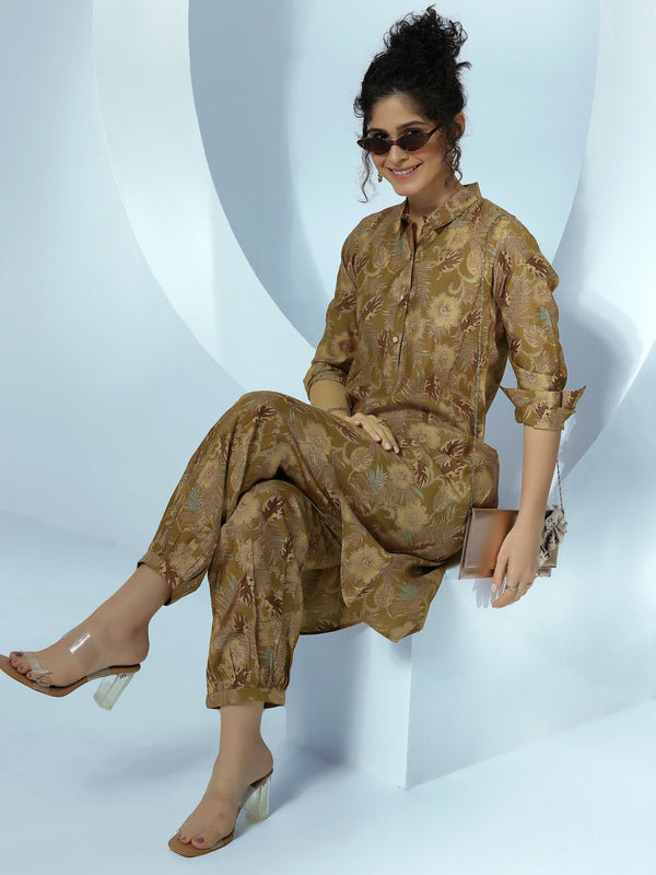 Olive Printed Silk Blend Co-Ords