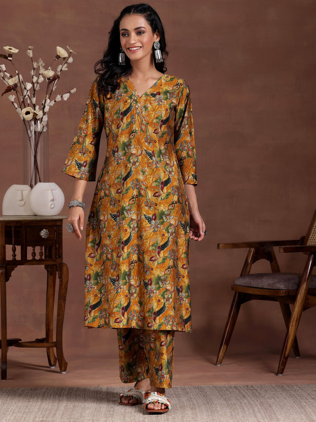 Mustard Printed Silk Blend Co-Ords - Jashvi