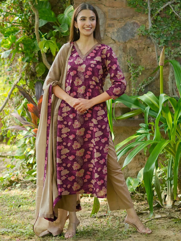 Wine Printed Cotton Straight Suit With Dupatta