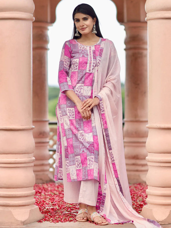 Off White Printed Cotton Straight Suit With Dupatta