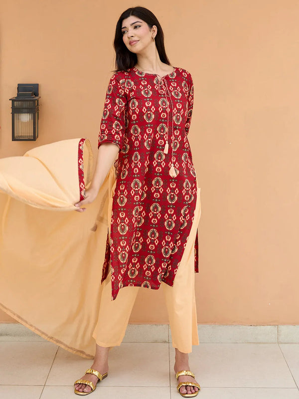 Maroon Printed Cotton Straight Suit With Dupatta