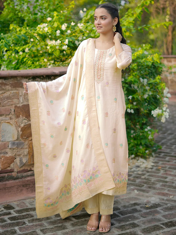 Off White Woven Design Linen Straight Suit With Dupatta