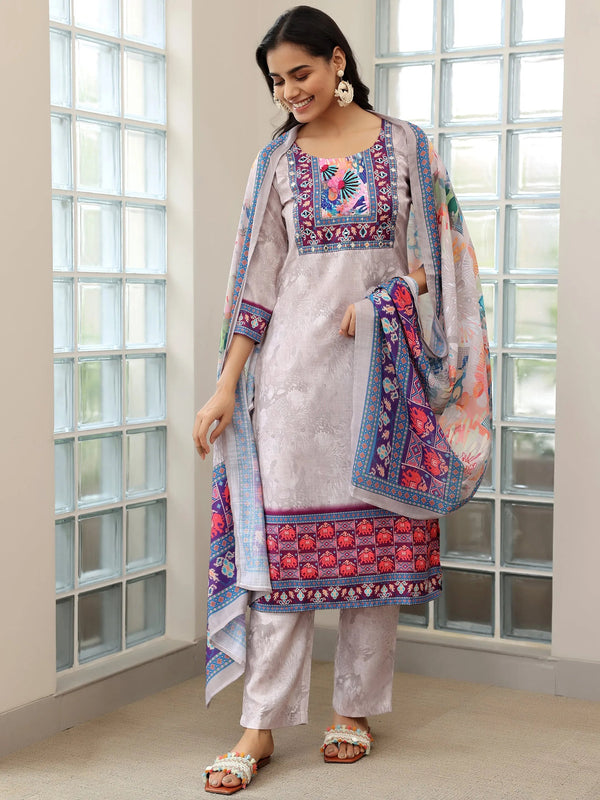 Grey Printed Linen Straight Suit With Dupatta