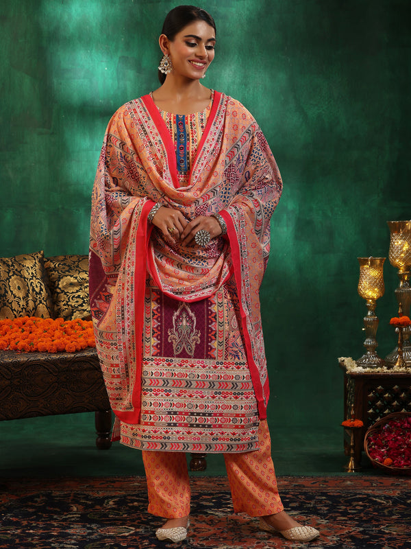 Multicoloured Printed Linen Straight Suit With Dupatta