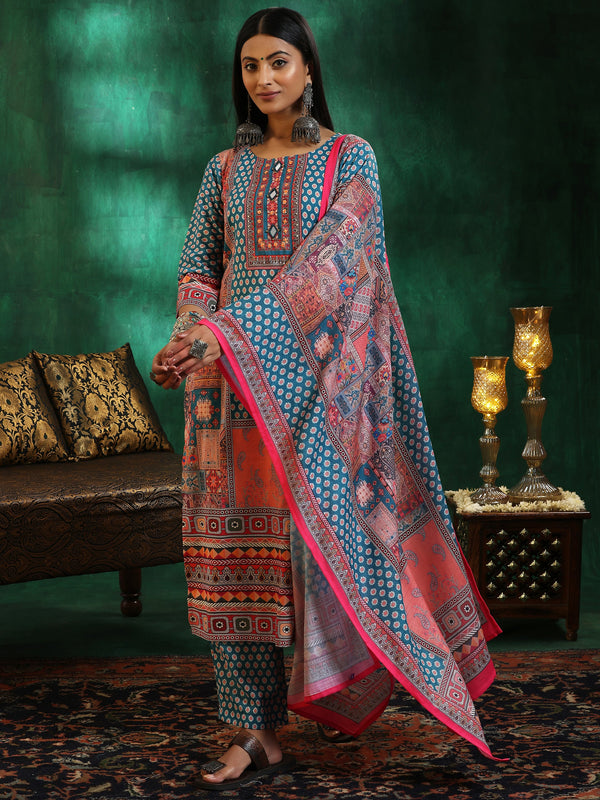 Multicoloured Printed Linen Straight Suit With Dupatta