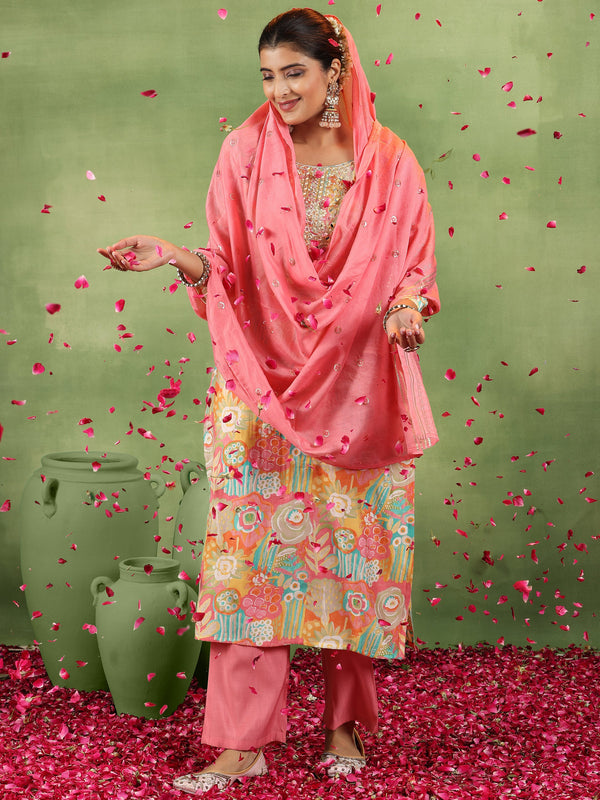 Pink Printed Silk Blend Straight Suit With Dupatta