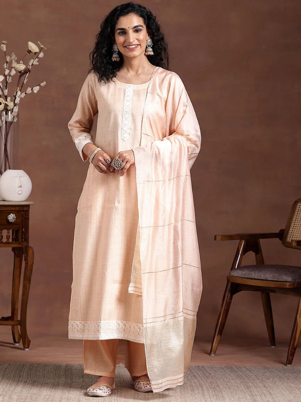 Peach Embroidered Cotton Blend Straight Suit With Dupatta