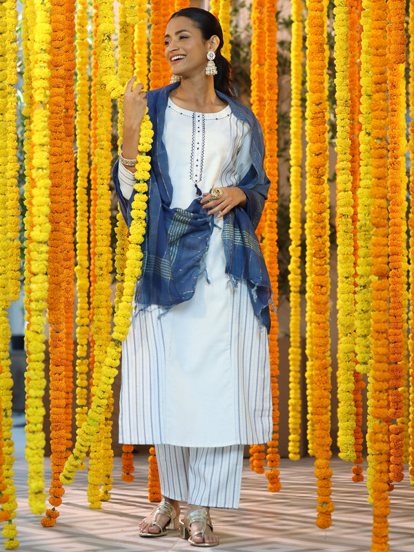 Off White Printed Cotton Blend Straight Suit With Dupatta