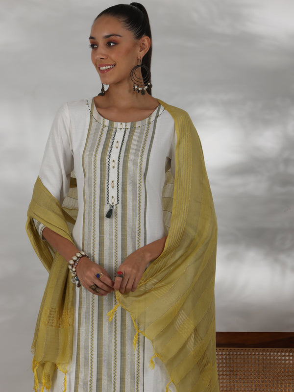 Off White Printed Cotton Blend Straight Suit With Dupatta