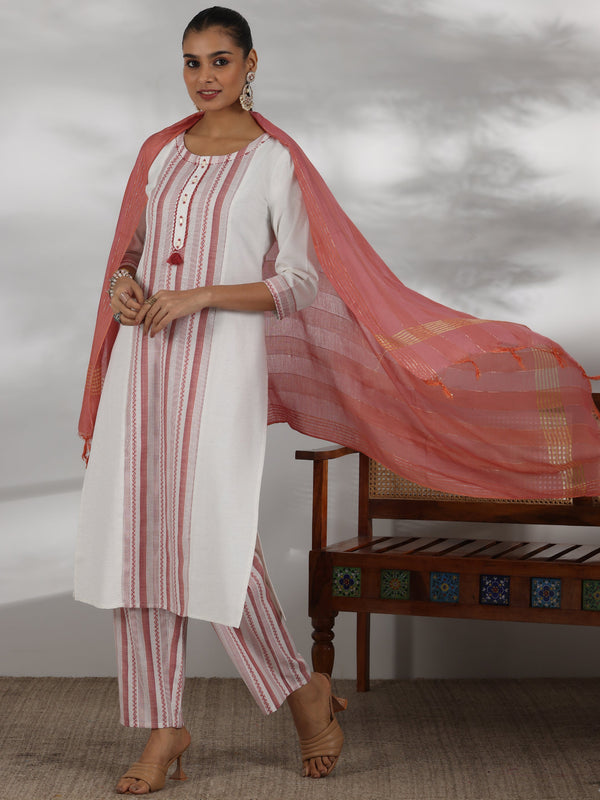 Off White Printed Cotton Blend Straight Suit With Dupatta