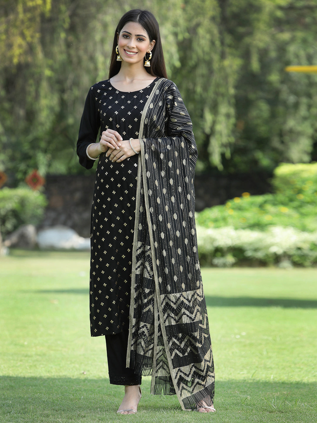 Women's Black Rayon Embellished Straight Kurta Sets - Juniper