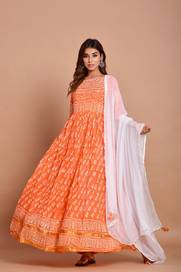 Women's Orange Anarkali Kurta With Dupatta Set- (2Pcs Set) - Saras The Label