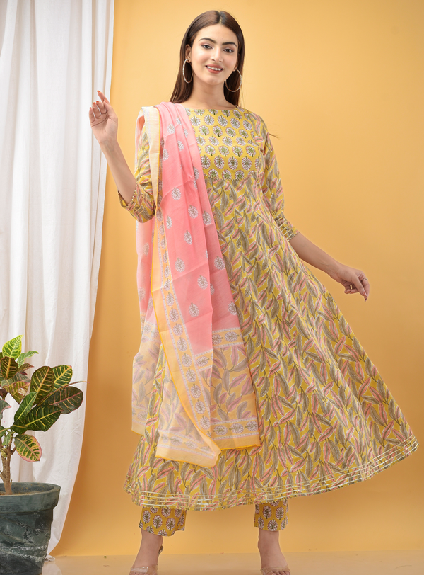 Women's Yellow Handblock Dupatta Set - Yufta