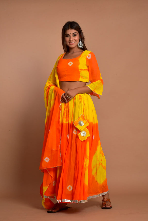 Women's Orange Hand Tie And Die Lehenga Set - Saras The Label