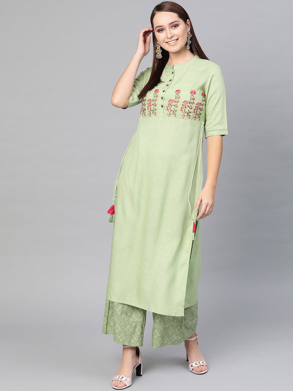 Women's  Green Yoke Design Kurta with Palazzos - AKS