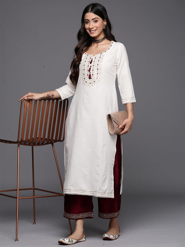 Off White Yoke Design Cotton Straight Kurta