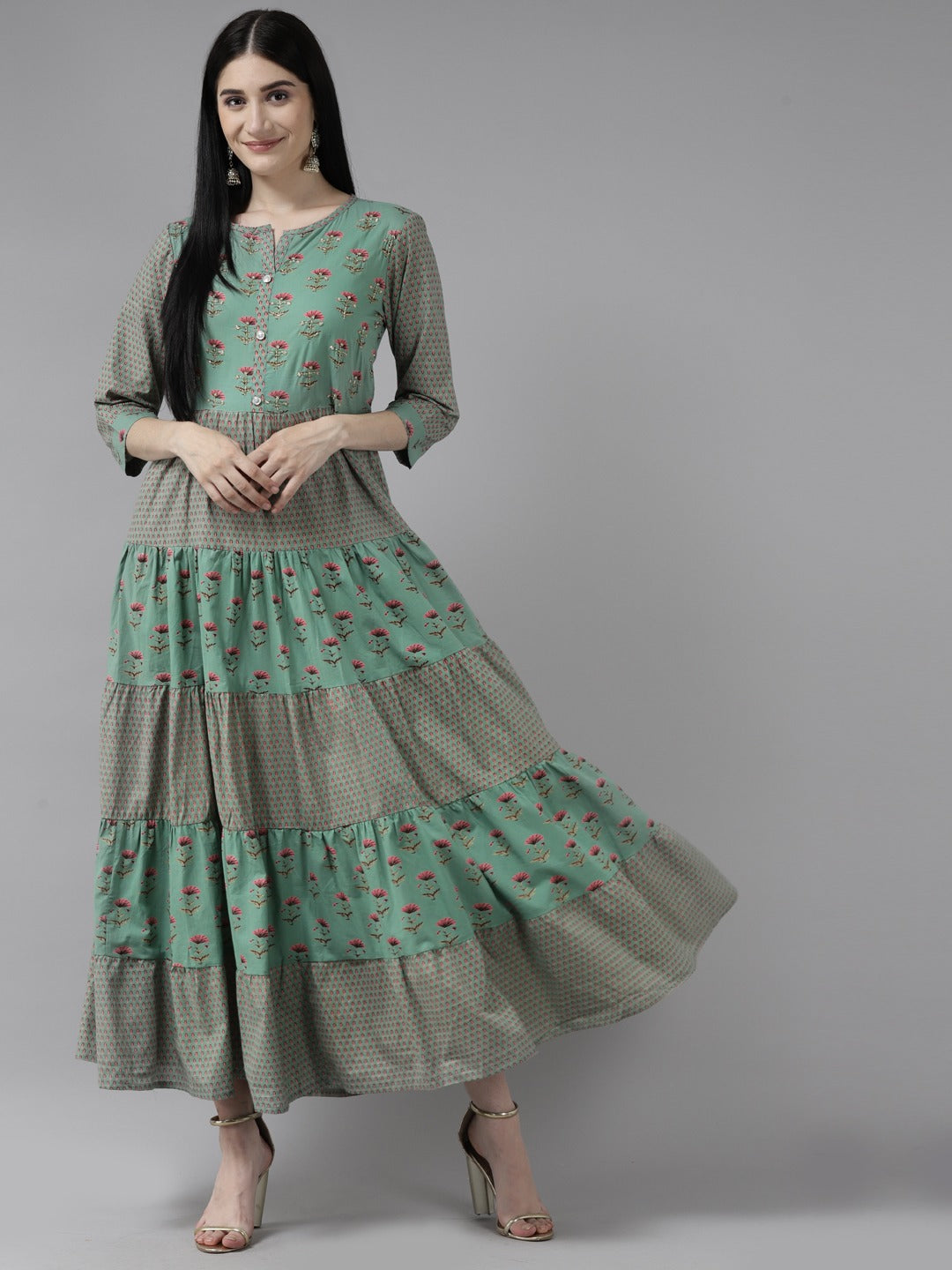 Women's Green Cotton Printed Maxi Dress With Beads Work - Yufta