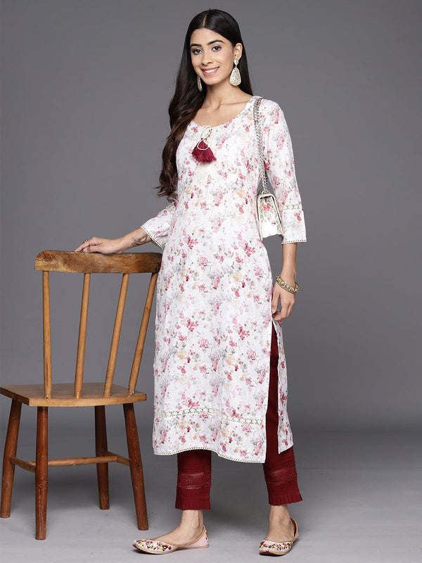 Off White Printed Cotton Straight Kurta - Jashvi