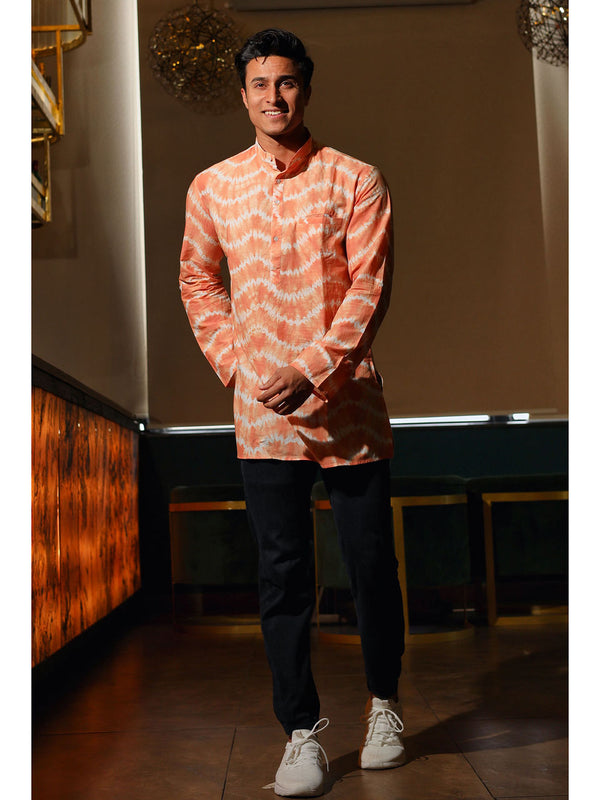 Men's Light Orange Bandhani Short Cotton Kurta - Hatheli