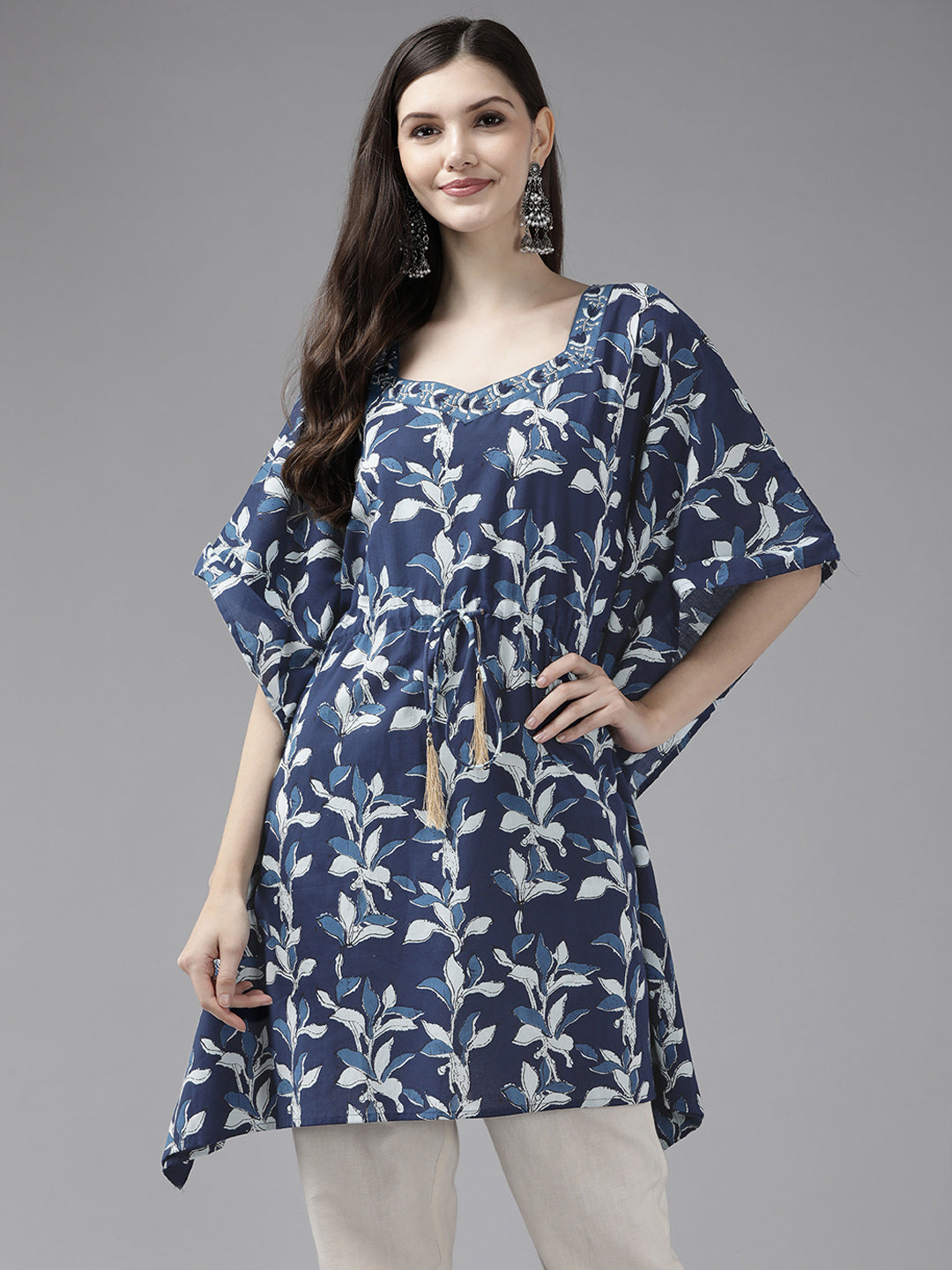 Women's Navy Blue Floral Print Kaftan Kurta - Yufta