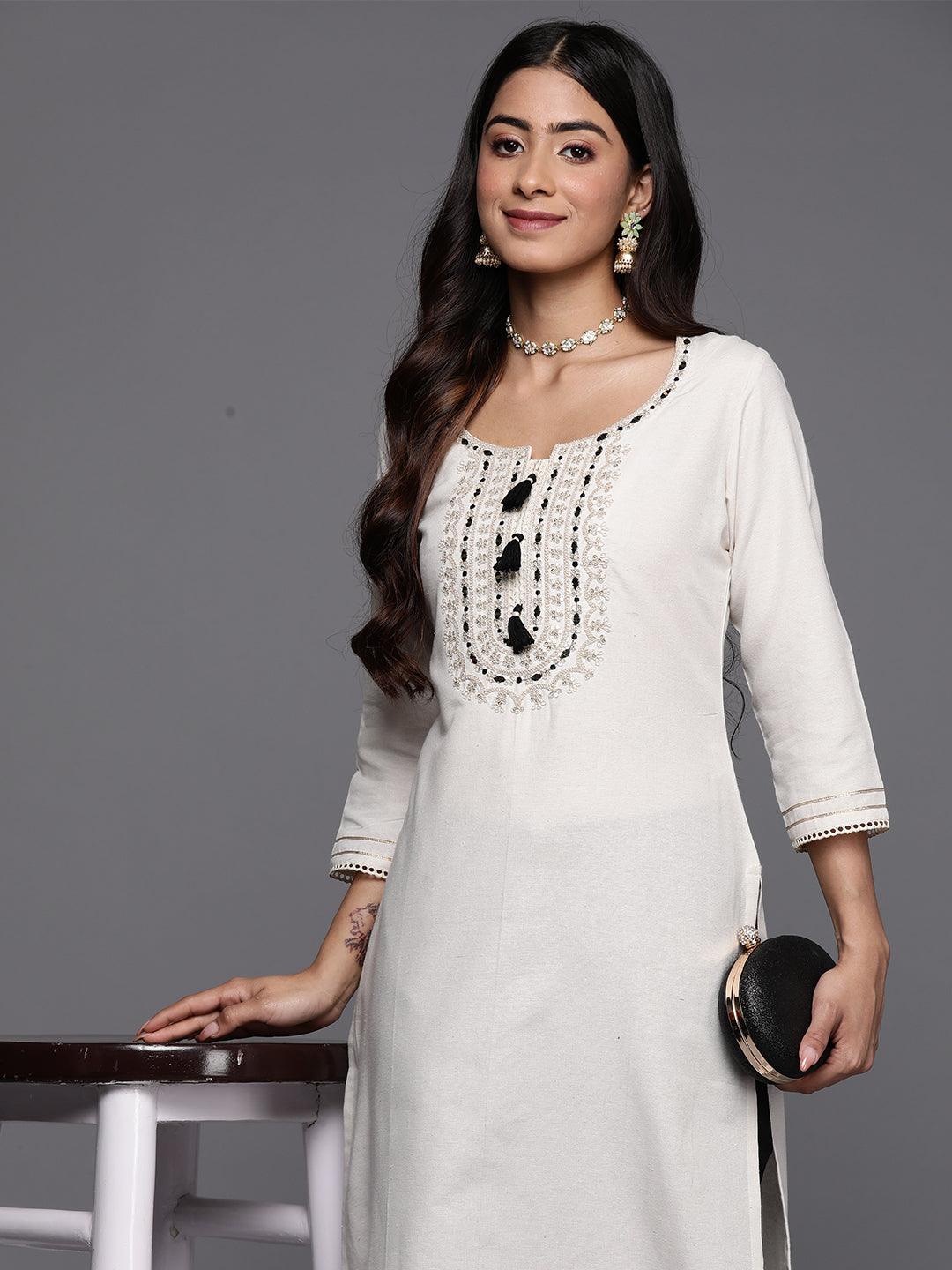 Off White Embellished Cotton Straight Kurta - Jashvi