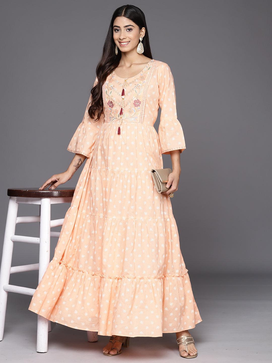 Peach Embroidered Cotton Fit and Flare Dress - Jashvi