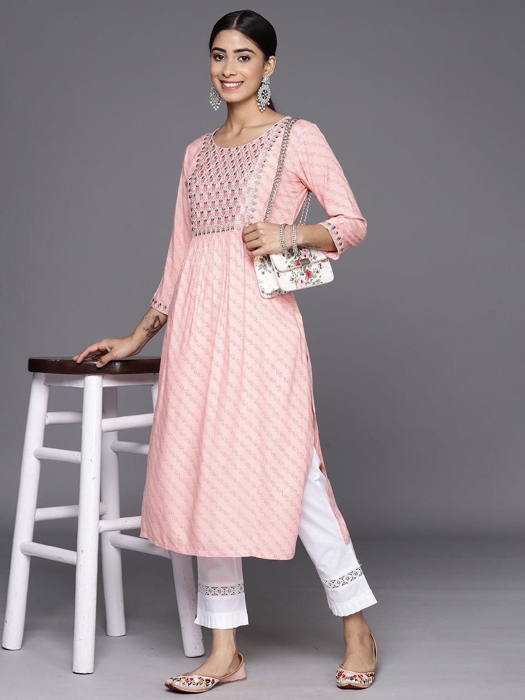 Pink Printed Rayon Straight Kurta - Jashvi