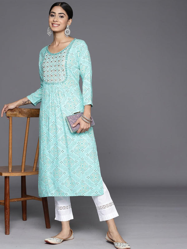 Turquoise Blue Printed Rayon Straight Kurta - Jashvi