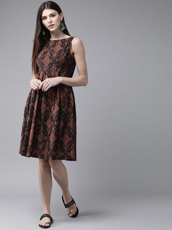 Women's  Black & Maroon Printed A-Line Dress - AKS