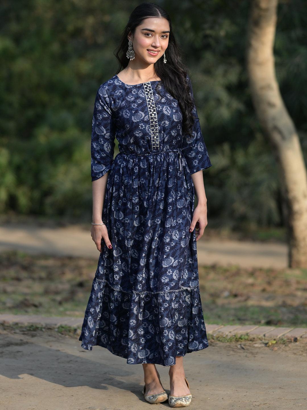 Blue Printed Fit and Flared Silk Dress - Jashvi