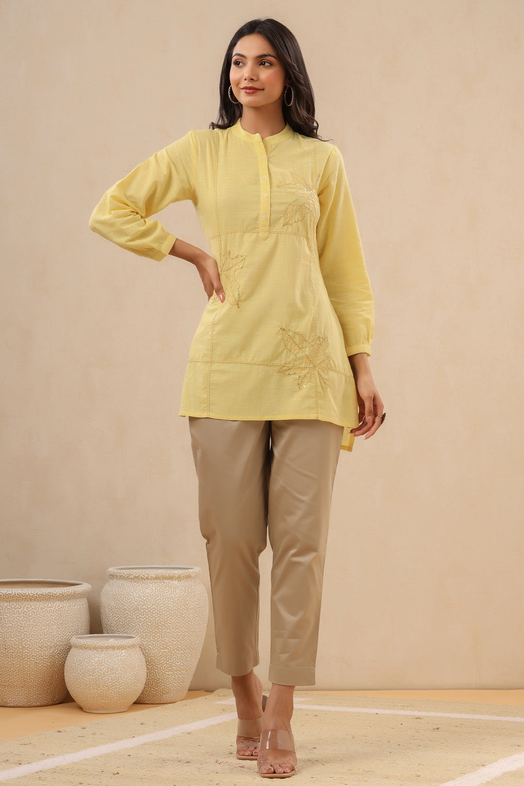 Women's Yellow Cotton Slub Embroidered High-Low Tunic - Juniper