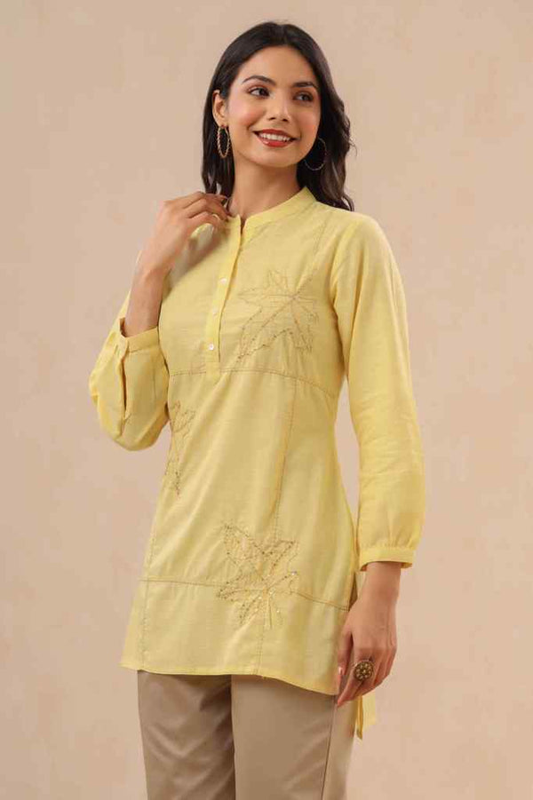 Jashvi Yellow Ethnic Motif Printed Cotton Slub Kurta With Thread & Sequins Work Embroidery