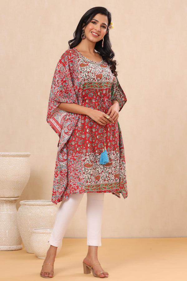 Red Floral Printed Rayon Twill Kaftan With Drawstring At Waist