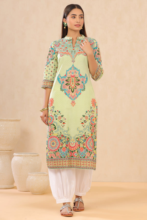 Jashvi Pista Green Ethnic Motif Printed Pure Cotton Straight Kurta