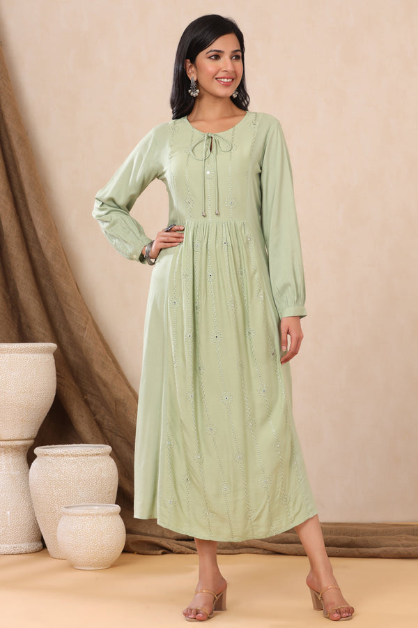 Jashvi Olive Thread Embroidered Rayon Maxi dress